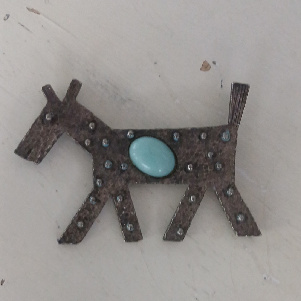 Handcrafted Style Vintage Dog Brooch with Turquoise Color Accent Modern